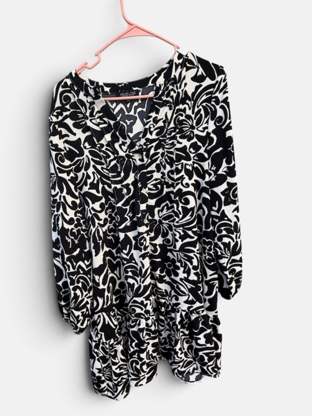 Rachel Zoe Black & White Floral Ruffled Hem Long Sleeve Dress - 1X